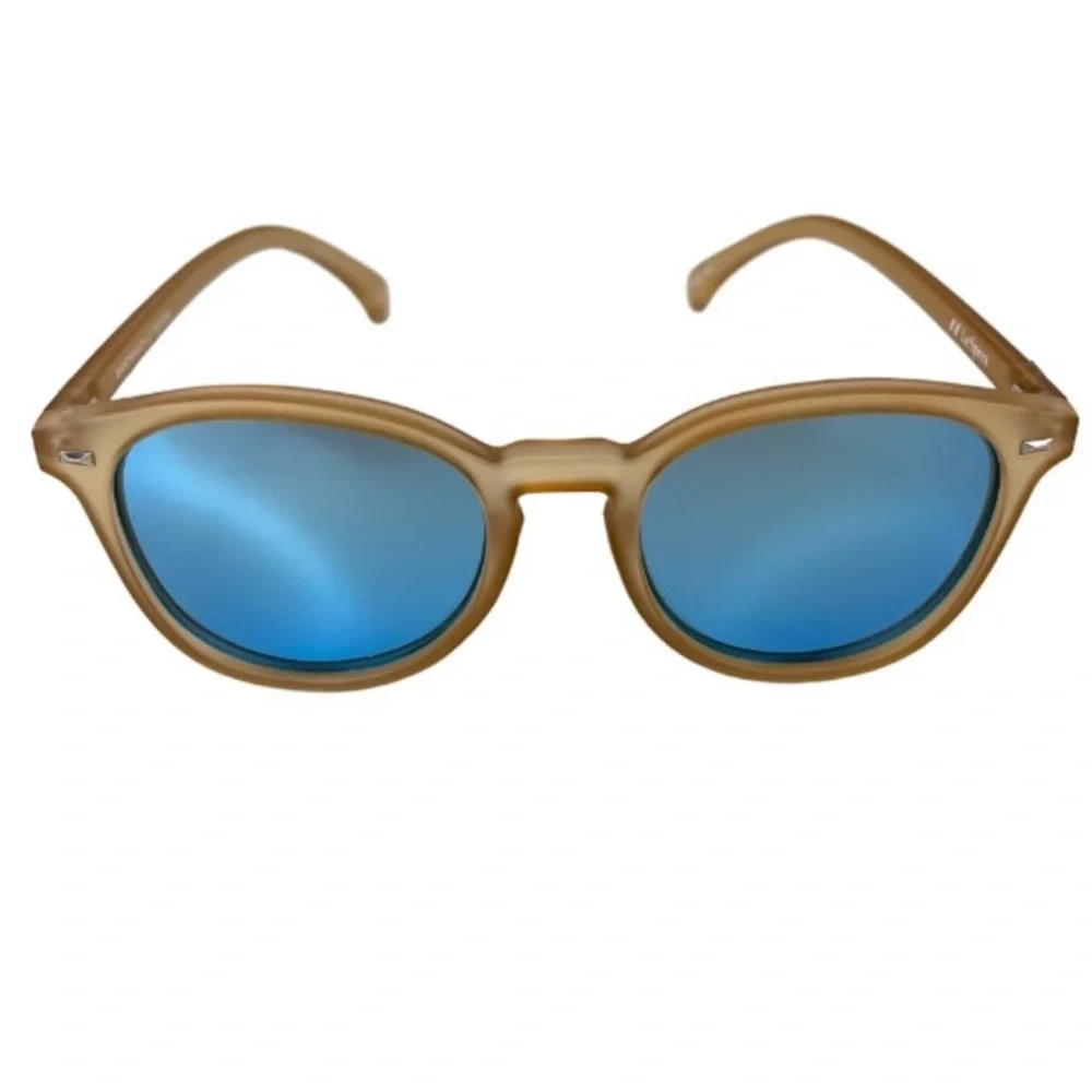 LE SPECS Bandwagon Sunglasses NEW Raw Sugar Frame With Blue Mirror Lens